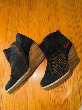 Desigual Black Suede Wedge Ankle Booties with Sunburst Perforation